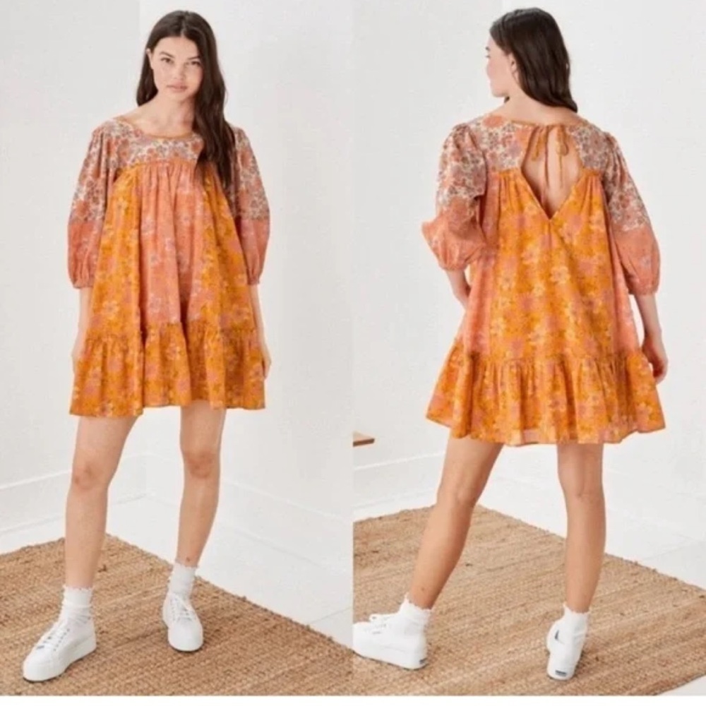 American Eagle Orange Floral Babydoll Mini Dress Sz XS Cottagecore Beach Light - Picture 2 of 13